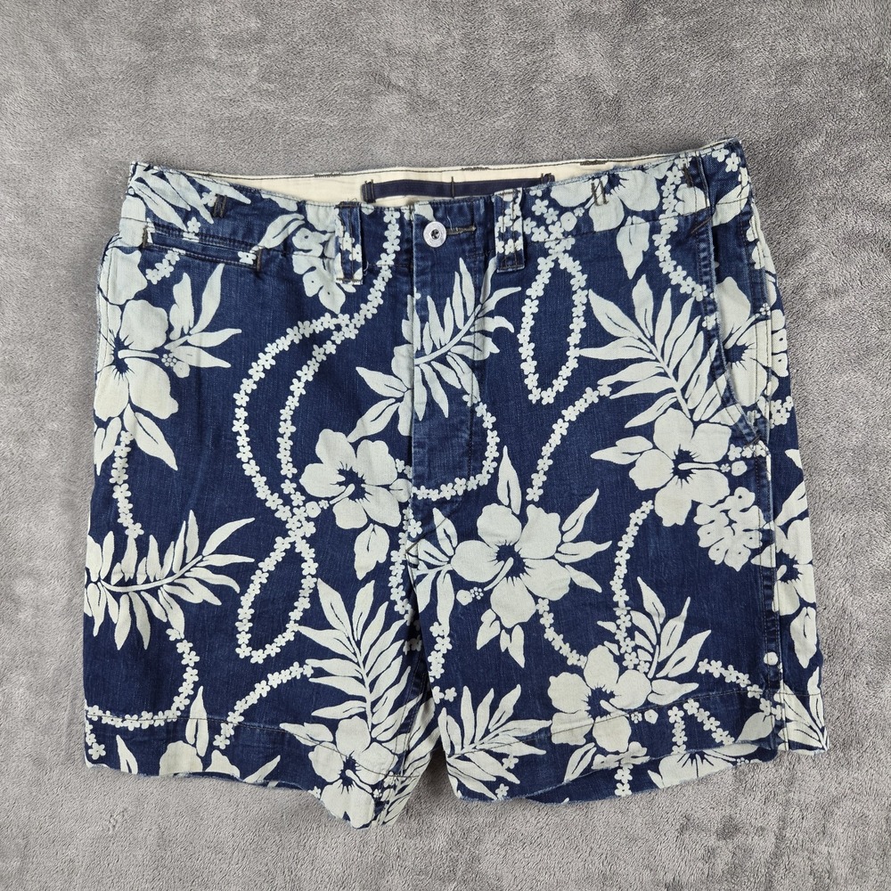 RRL Ralph Lauren Indigo Floral Hawaiian Denim Field Fit Shorts Mens 31